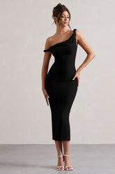Black Twisted Asymmetric Midi Dress